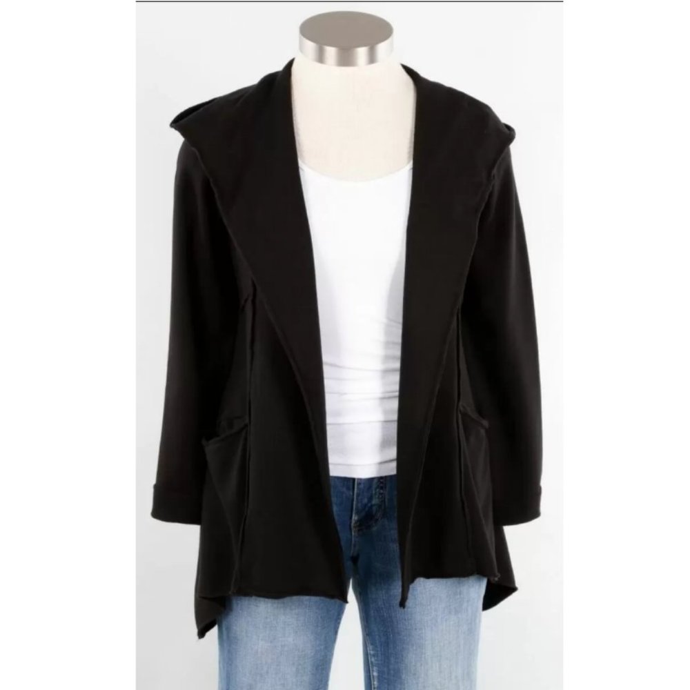 Cut Loose Black MicroModal Supima Fleece Hooded Open Front Cardigan Size XS